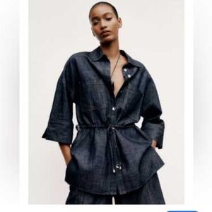 Zara Drawstring Waist Denim Utility Shirt Safari Style 3/4 Sleeve Size XS